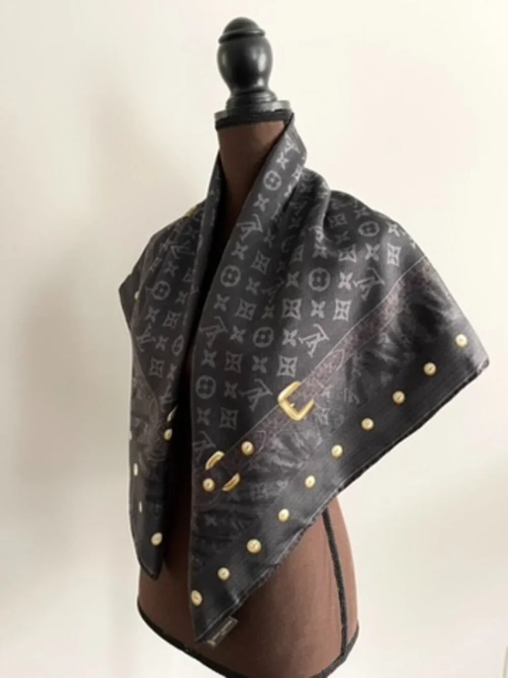 Display #2 Louis Vuitton Monogram Silk Twill Square Scarf Black Gray Gold